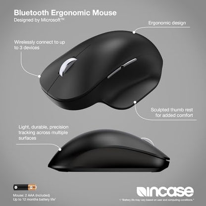 Incase Bluetooth Ergonomic Mouse – Designed by Microsoft – Two Thumb Buttons, Easy to Grip Thumb Rest, Precision Tracking, Connects 3 Devices, 15 Month Battery Life, Mac/Windows PCs/Laptops (Black) - color: Black