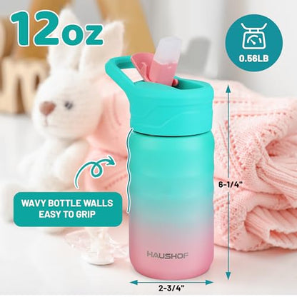 HAUSHOF Kids Water Bottle 2-Pack (12 oz) BPA-free with Straw and Stickers, Stainless Steel Vacuum Double Wall Insulated cup with Leak Proof for school, Gifts, Boys and Girls(Blue/Pink) - color: Blue/Pink(2 Pack)