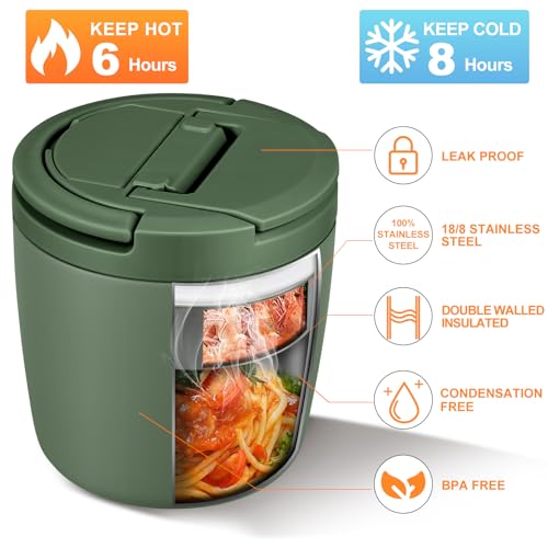 wiwens 40oz Insulated Lunch Containers for Adults Soup Thermo for Hot Food | Leak Proof Wide Mouth Vacuum Stainless Steel Thermal Jar Bento Box with Buckle Lid and Spoon - color: Green