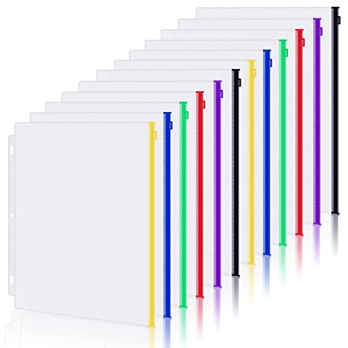 Antner 12 Pack Letter Size Binder Pockets 3 Ring Binder Multicolor Zipper Pouches Document Organizer, PVC 3-Hole Loose Leaf File Folders Insert Sleeves Page Sheet Protectors Business Office Supplies