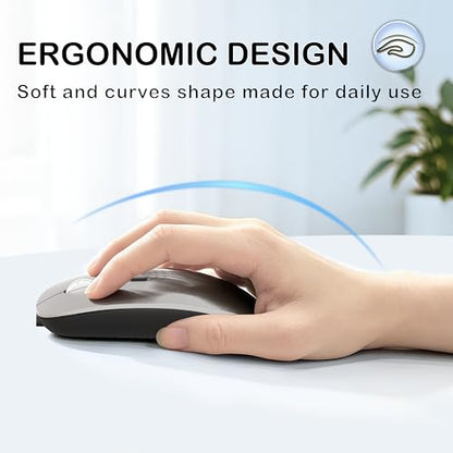 FMOUSE Slim Wireless Mouse, Tri-Mode 2.4G & Bluetooth, Rechargeable – Grey | USB-A & USB-C Receiver | Silent Click | One-Key Desktop | Works with Mac, iPad & Laptops | Long-Life Battery | Portable - color: Grey