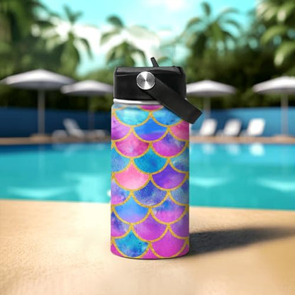 SANDJEST Mermaid Water Bottle for Girls Kids Kid Insulated Water Bottles 12oz Stainless Steel Travel School Tumbler Double Wall Vacuum Cup with Straw - color: Mermaid Scale