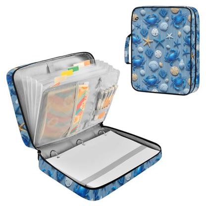 Heavy-Duty 3-Hole Ring Board Binder Organizer Bag with 7-Pocket Expandable Filing Layer and Mesh Storage Pouch for Executive Workflows Blue Crabs