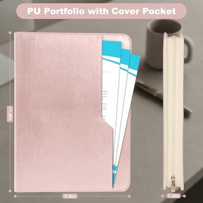 Zippered Padfolio with 3-Ring Binder & Clipboard, PU Leather Portfolio Organizer for Men Women, A4 Document Holder with Phone Pocket Pen Loops Card Slots, Professional Business Folder Rose Gold