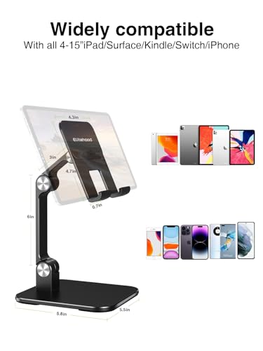 elitehood Aluminum iPad Stand for Desk [Ultra-Stable & Sturdy], Height Adjustable Tablet Stand, Portable Tablet Holder Dock for Home Office, Compatible with iPad Pro 12.9, iPad Air Mini 6 5 4 3, Black - color: Black