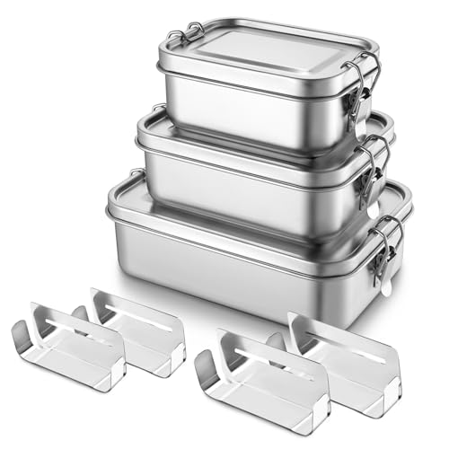 TeamFar Stainless Steel Bento Box, 3 Pack (16, 28 & 47oz) Metal Lunch Box with 3 Compartments for Adults Kids, Lunch Food Containers for School/Work/Meal Prep, Leak-Proof, 550ML+850ml+1400ML