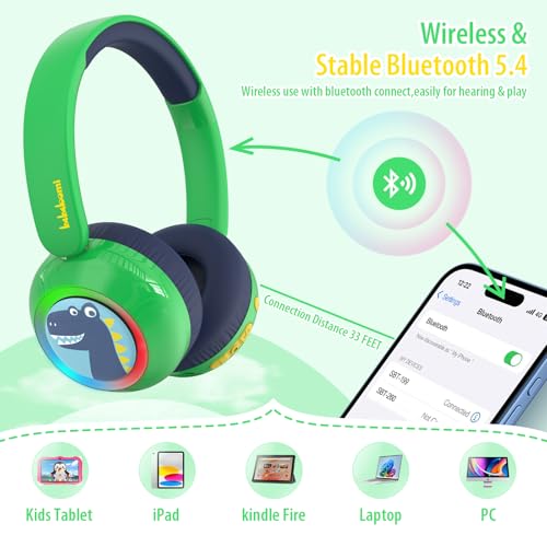 Kids Bluetooth Headphones, Dinosaur Wireless Headphones for Kids with LED Lights, Detachable Mic, 75/85/94dB Volume Limited, Fast Charging, Teens Boys Headset for School/Travel/Tablet/Airplane - style: Dinosaur