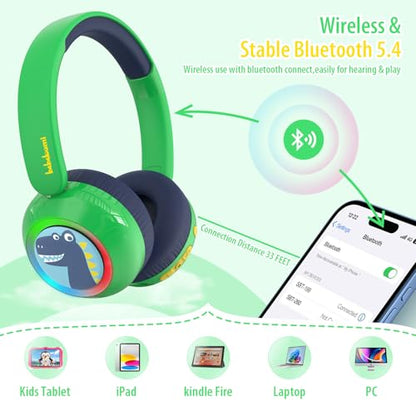 Kids Bluetooth Headphones, Dinosaur Wireless Headphones for Kids with LED Lights, Detachable Mic, 75/85/94dB Volume Limited, Fast Charging, Teens Boys Headset for School/Travel/Tablet/Airplane - style: Dinosaur