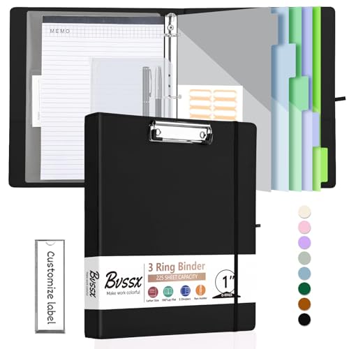 3 Ring Binder with Clipboard,1 Inch Binders with Notepad&5 Dividers with Pockets, Labels,PU Clipboards for School Office(Black,Letter Size) - color: Black, size: Letter Size - 1 Inch