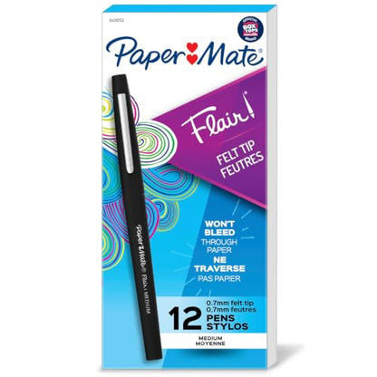 Paper Mate Flair Felt Tip Pens, Medium Point (0.7mm), Black, 12 Count - Teacher Supplies, Journaling, Note-Taking, Writing - color: Black