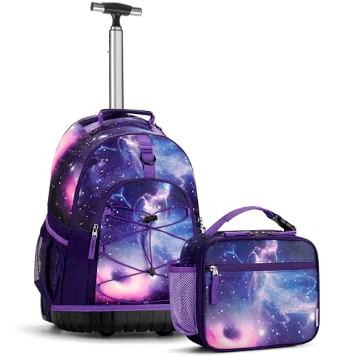 Choco Mocha Rolling Backpack for Girls, 18 Inch Roller Backpack for Middle School Bookbag with Wheels for Teen Girl, Galaxy Rolling Backpacks for Girls 8-12 with Lunch Bag Set, Purple - color: Galaxy Purple