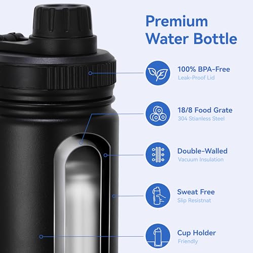 DOMICARE 16 oz Kids Water Bottle for School Stainless Steel Double Wall Vacuum Insulated Water Bottle with Straw lids & Spout Lid, Leakproof BPA Free （Black,8) - color: Black, size: 16oz/8 Pack