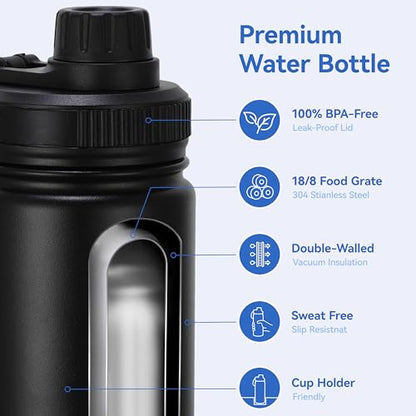 DOMICARE 16 oz Kids Water Bottle for School Stainless Steel Double Wall Vacuum Insulated Water Bottle with Straw lids & Spout Lid, Leakproof BPA Free （Black,4） - color: Black, size: 16oz/4 Pack
