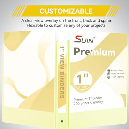 SUIN 1 Inch 3 Ring Binder, Clear 1'' View Presentation Binders with 2 Pockets, Fits 8.5 x 11 Letter Size, Durable Polypropylene, Non-Stick & PVC-Free for School, Office & Home (Brushed Yellow) - color: Brushed Yellow