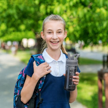 14oz Clear Kids Water Bottle with Straw Lid, BPA-Free Tritan, Measurement Scale, Sturdy Handle Wide Mouth Leak-proof Reusable Plastic Bottle for Boy& Girls, Back to School(Gray) - color: Gray