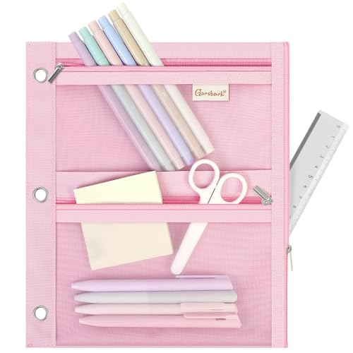 3-Ring Binder Pencil Pouch, Zipper Organizer with 3 Compartments, Mesh Window & Metal Grommets, Durable Oxford Pen Case for School Office Supplies Pink - color: Pink, size: Mesh