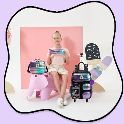 Rolling Backpack with Wheels for Girls Rolling Backpack with Lunch Bag and Pencil Case Set Kids Travel Luggage for Elementary School Girls Ages 5-12 - color: A Black