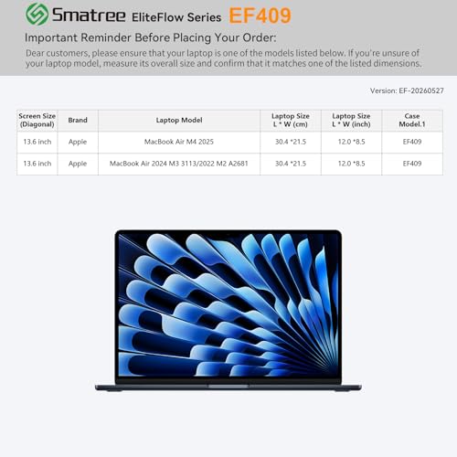 Smatree EliteFlow Laptop Sleeve for 13.6 inch Apple MacBook Air M4 2025, for 13.6 inch Apple MacBook Air 2024 M3 3113/2022 M2 A2681, Protective Laptop Case with Pocket (EF409) - size: 1.06| for APPLE 13.6" MacBook Air (EF409)
