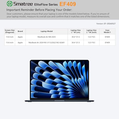 Smatree EliteFlow Laptop Sleeve for 13.6 inch Apple MacBook Air M4 2025, for 13.6 inch Apple MacBook Air 2024 M3 3113/2022 M2 A2681, Protective Laptop Case with Pocket (EF409) - size: 1.06| for APPLE 13.6" MacBook Air (EF409)