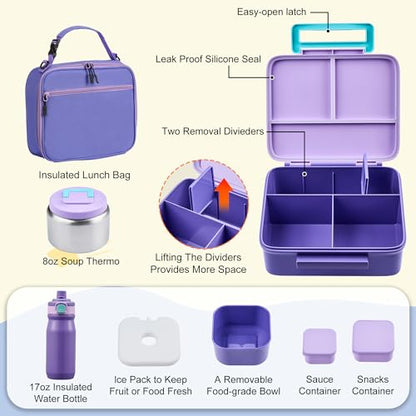 Bento Lunch Box for Kids with Thermo, Leakproof Bento Box with 8oz Insulated Food Jar, Insulated Bottle, Lunch Bag, BPA Free Dishwasher Safe 4 Compartment Container for School Girls Boys (Purple) - color: Purple
