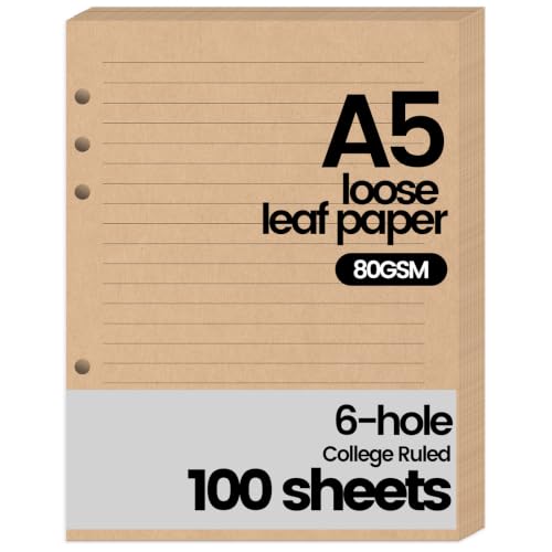 Koogel Filler Paper, 6 Hole Punched, 100 Sheets Loose Leaf College Ruled Lined Notebook Paper, 5.5'' x 8.1'' Filler for Notebooks Journals School Office Writing Supplies, Brown