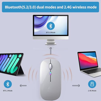 Wireless Bluetooth Mouse, Rechargeable, LED, Silent, Ultra-thin Design (Bluetooth 5.2 and 2.4GHz USB Receiver) | Portable Computer Mouse for Laptops, iPads, MacBooks and Apple Devices (Silver) - color: Silver
