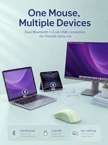 RAPIQUE Bluetooth Wireless Mouse, Dual Bluetooth & 2.4GHz USB Receiver, Right-Hand Design, Quiet Clicks, Low Power, Multi-Device Compatibility for MacBook, Laptop, Computer, iPad, PC - Sage Green - color: Sage Green