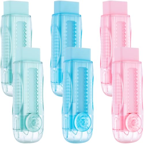 M&G 6 Pack Sliding Retractable Rubber Erasers, Push-Pull Large Pencil Erasers with Transparent Plastic Sleeve, Soft Rubber Erasers for Office, Drafting, and Everyday Use - color: Pink + Blue + Green
