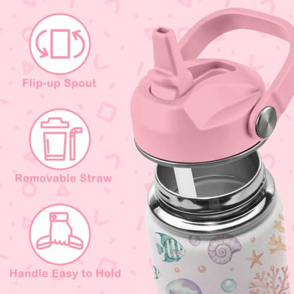 Hiboss Ocean Gifts for Kids, 16oz Pink Girls Water Bottle with Straw Lid, Stainless Steel Insulated Beach Cup Tumbler, Marine Life Lovers Birthday Gifts for School Sport Travel - color: Ocean