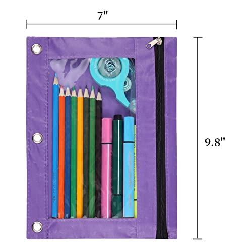 3-Ring Pen Pencil Pouch with Clear Window Stationery Bag Binder Case Classroom Organizers Purple - color: Purple