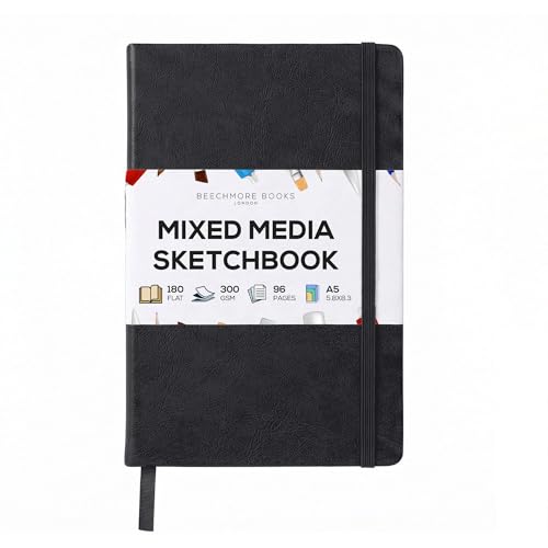 Beechmore Books 300 GSM Heavyweight Mixed Media Sketchbook A5 5.8" x 8.3" Vegan Leather Hardcover Professional Art Journal for Paintings, Gouache and Ink - color: Charcoal Black, size: A5 - 5" x 8" Medium