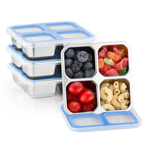 BEFOY 4 Pack Stainless Steel Snack Containers with Lids 4 Compartment Food Storage Containers for Adults & Kids Meal Prep Containers Reusablele (Sky blue, 4) - color: Sky Blue, size: 4