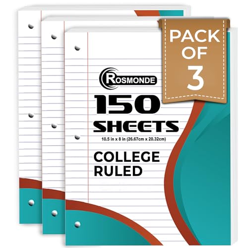 Rosmonde College Ruled Combo, Loose Leaf Paper, 450 Sheets, 3 Pack, 3 Hole Punched, Filler Paper & Spiral Notebook, 6 Pack, 5 Subject, 300 Pages(150 Sheets), 3 Hole Punched, School, College & Office