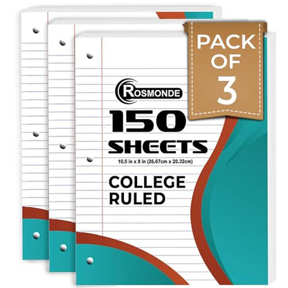 Rosmonde College Ruled Combo, Loose Leaf Paper, 450 Sheets, 3 Pack, 3 Hole Punched, Filler Paper & Spiral Notebook, 6 Pack, 5 Subject, 300 Pages(150 Sheets), 3 Hole Punched, School, College & Office