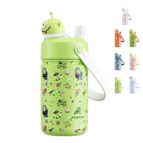 POWCAN 12 oz Insulated Water Bottle for School: 2-in-1 Straw Spout Lid with Soft Animal Head, BPA-Free, Leakproof, Keep Cold 24H, Easy Carry, Stainless Steel Cup for Boys, Girls, Kids (Alien Party) - color: Alien Party, size: 12 Ounces