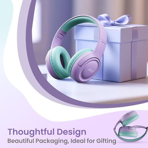 acer Kids Headphones - Over-Ear 85/94dB Volume Limiter, 3.5mm Jack Foldable Stereo Sound Headset for Toddlers Girls Boy Travel Learning Entertainment Tablet Kindle iPad PC Purple Green, HK03 - color: Purple Green