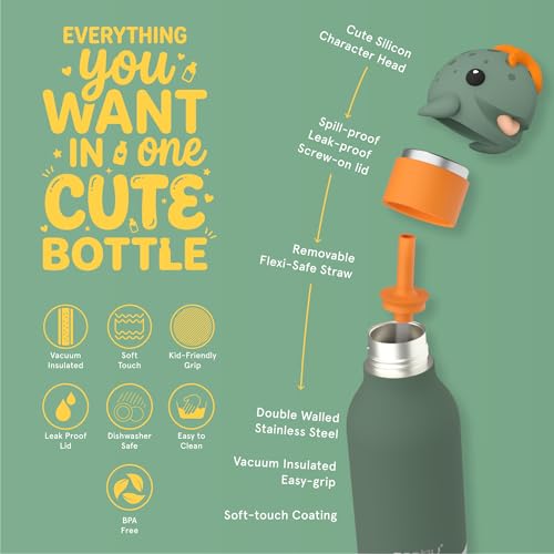 asobu Bestie Bottle Limited Edition Collectible Kids Water Bottle with Animal Character Lid 16oz (460ml) Insulated Stainless Steel, Leakproof, Reusable with Straw Fun Gift for Girls & Boys - color: SHELDON THE TURTLE