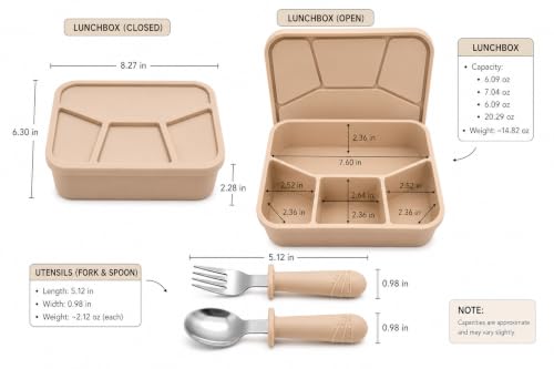 3-Piece Silicone Bento Lunch Box Set for Kids – Spoon & Fork Included, BPA Free, Dishwasher Safe, Reusable Lunch Container - color: Khaki