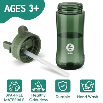14oz Clear Kids Water Bottle with Straw Lid, BPA-Free Tritan, Measurement Scale, Sturdy Handle Wide Mouth Leak-proof Reusable Plastic Bottle for Boy& Girls, Back to School（Army Green） - color: Army Green