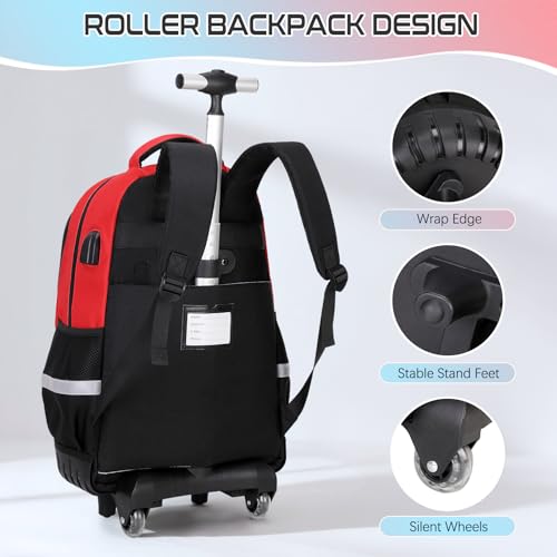 Jafeton Rolling Backpack for Boys, 3 PCS Gamer Boy Backpack Set with Lunch Box & Pencil Pouch, Roller Wheels School bag for Boys Kids Teens, Elementary Middle School, Kids Bookbag Casual Daypack - color: Red Black