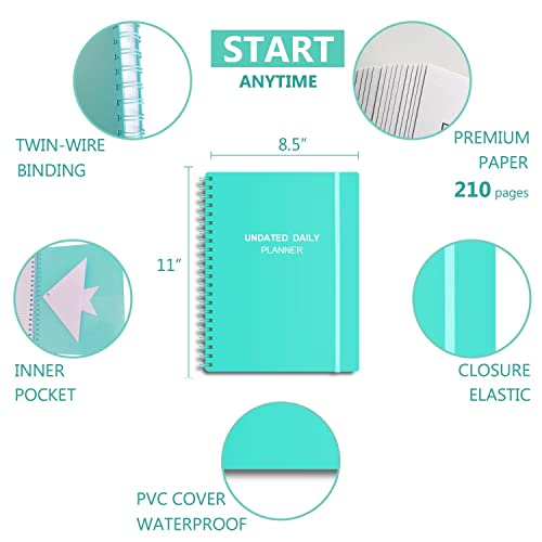 Undated Daily Planner - Undated Planner with Hourly Schedules, Action Items and Follow-up, A4 Daily Organizer Notebook to Increase Productivity, Appointment Book for Time Management, 8.5 × 11 Inch - color: Turquoise
