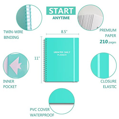 Undated Daily Planner - Undated Planner with Hourly Schedules, Action Items and Follow-up, A4 Daily Organizer Notebook to Increase Productivity, Appointment Book for Time Management, 8.5 × 11 Inch - color: Turquoise