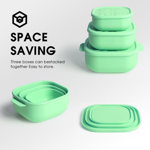 Silicone Bento Box ｜Food Grade & Leakproof Lunch Box Bento with Lids ｜3-Piece Space-Saving Nesting Kit Food Storage Containers Set (Green) - color: Green