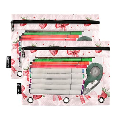 Binder Pencil Pouch for 3 Ring Binder Pencil Case Bags Strawberry Bows Cute with Zipper Girls Clear Window 2 Pack - color: Strawberry Bows Cute