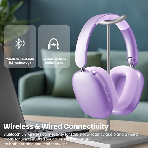 Wentronic Y01 Wireless Noise Canceling Headphones Bluetooth 5.3 Over Ear Headphones with Microphone, Hi-Res Audio, 48H Playtime, Foldable Comfortable Earpads,Compatible with iOS,Android,PC, Purple - color: Purple