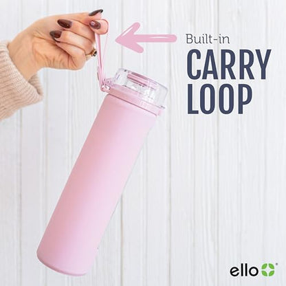 Ello Syndicate 20oz Reusable Glass Water Bottle with One-Touch Leak Proof Flip Lid, Protective Non-Slip Silicone Sleeve, Carry Loop for Coffee, Tea and Water, BPA-free, Dishwasher Safe, Cashmere Pink - color: Cashmere Pink