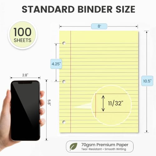 HIBOX Loose Leaf Paper Wide Ruled, 100 Sheets 8"x10.5" 3-Hole Punch, Yellow | Anti-Bleed, 11/32" Spacing, Filler Paper for Binders, College, Office, School Supplies, Back to School & Classroom Must Haves - color: Yellow