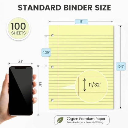 HIBOX Loose Leaf Paper Wide Ruled, 100 Sheets 8"x10.5" 3-Hole Punch, Yellow | Anti-Bleed, 11/32" Spacing, Filler Paper for Binders, College, Office, School Supplies, Back to School & Classroom Must Haves - color: Yellow