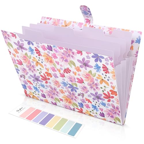 SKYDUE Accordion File Organizer, Floral Expanding File Folders with 5 Pockets, Cute Document Organizer for Paper Bills Receipt Storage, School Office & Hospital Supplies Letter/A4 Size Purple - color: Purple