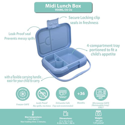 Bento Midi Lunch Box with carrying handle – 4 No-Mix Compartments | Microwave & Dishwasher Safe,Removable Tray | 900ML OZ (Blue Dark Ice) - color: Blue Dark Ice
